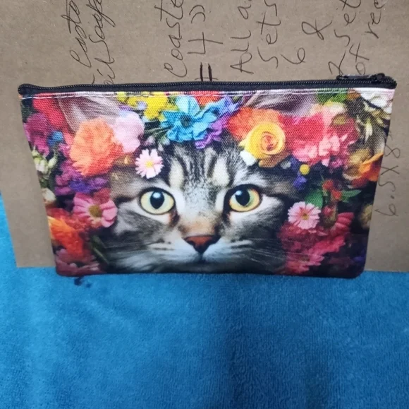 Floral Cat Print Makeup Pouch Cosmetic Bag
