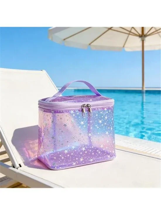 Holographic Star Print Pink Makeup Bag Portable & Waterproof Barrel-Shaped