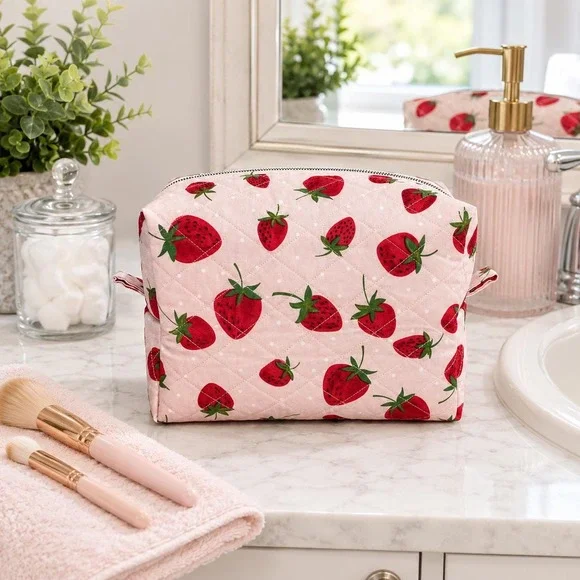 Strawberry Makeup Bag, Quilted Cosmetic Bag, Travel Toiletry Bag, Organizer Bag