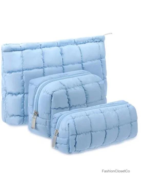 3 Pcs Quilted Puffy Makeup Bag Set Cosmetic Pouch for Women Checkered Travel