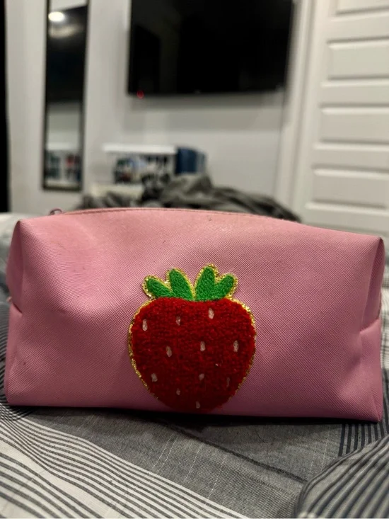 Pink Strawberry Embroidered Cosmetic Bag