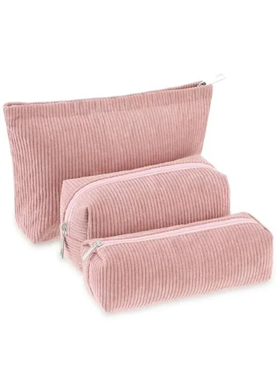 3 Pcs Corduroy Makeup Bag Set for Women Cute Pencil Case, Pink;Solid