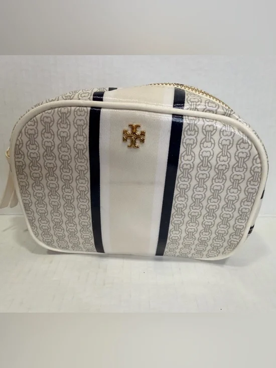 Blue Tory Burch Gemini Link Stripe Makeup Bag With vertical striped design