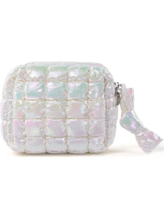 Quilted Makeup Bag, Puffy Cosmetic Bag Iridescent White Travel