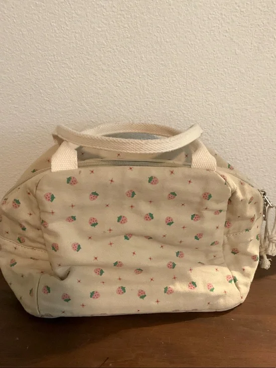 Cream Strawberry Print Cosmetic Travel Bag