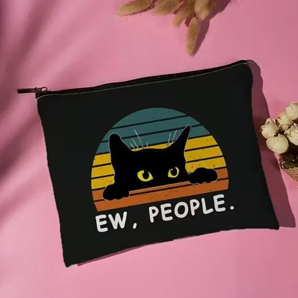 “Ew, People” Black Cat Canvas Cosmetic Makeup Bag (BRAND-NEW‎ & SO CUTE!)