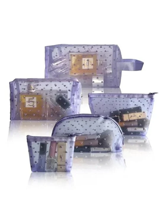 5-Piece Heart Printed Mesh Makeup Bag Set Portable Travel Cosmetic Bags