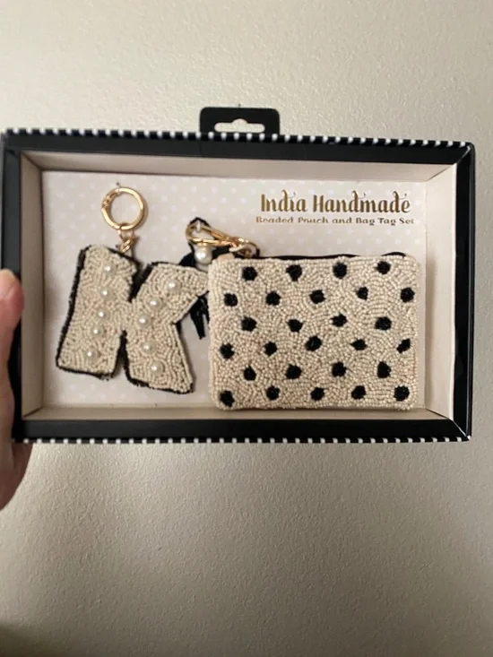 NIB India Handmade Beaded Pouch and Bag Tag Set Polka Dot 