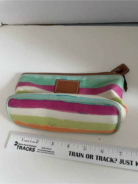 Coach Striped Multicolor Cosmetic Pouch with Leather Trim