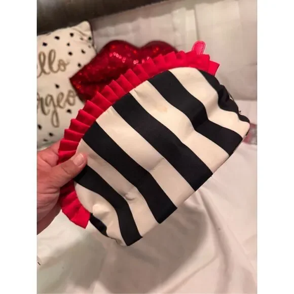 BJ betsey johnson vintage stripe & ruffle top makeup cosmetic small bag heart