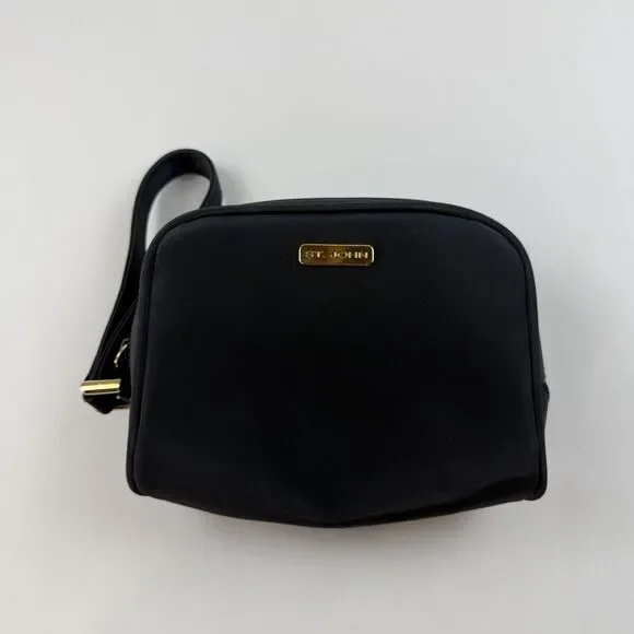 St John Small Mini Black Nylon Zip Around Cosmetics Handbag Wristlet Travel 7x5