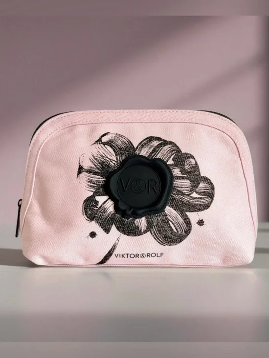 Viktor & Rolf Flowerbomb Pink Canvas Cosmetic Pouch with Black Floral Seal NEW