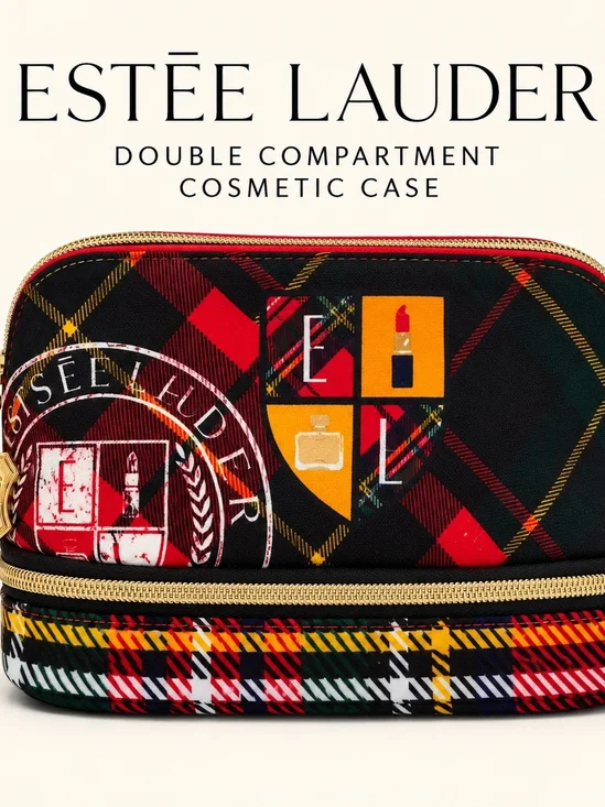 Estée Lauder Plaid Double Compartment Cosmetic Travel Case