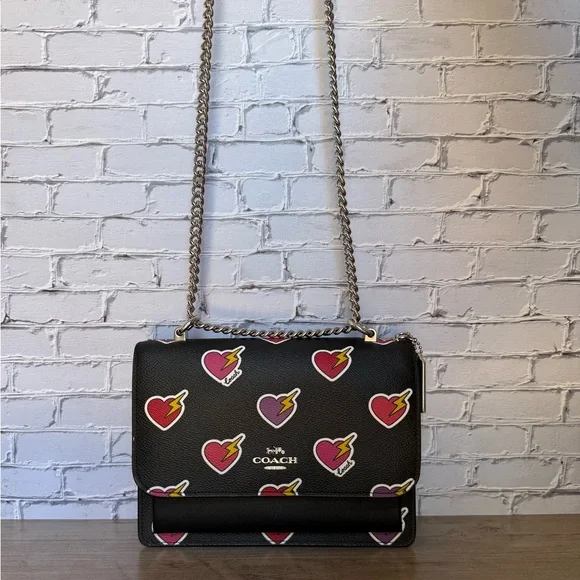 NWT Coach Klare Chain Crossbody shoulder Bag Heart Bolt Print Black/Silver CW436
