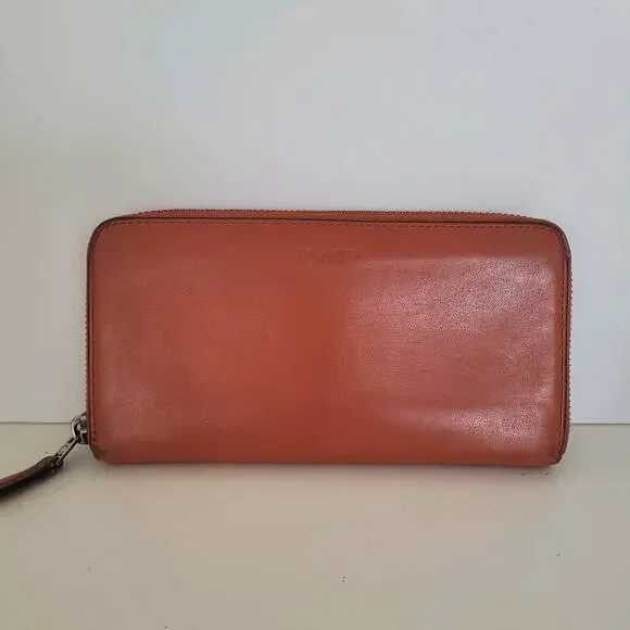 Coach Leather Wallet Solid Red‎ Zip Around Large Clutch Geniue Smooth Leather