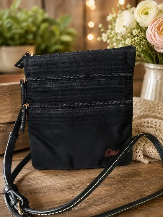 Dooney & Bourke Black Nylon Triple Zip Crossbody Bag Pink Lining