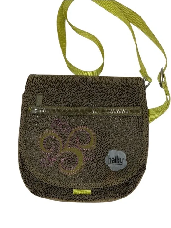 Haiku Olive Crossbody‎ Bag with Lime Strap with Embroidery