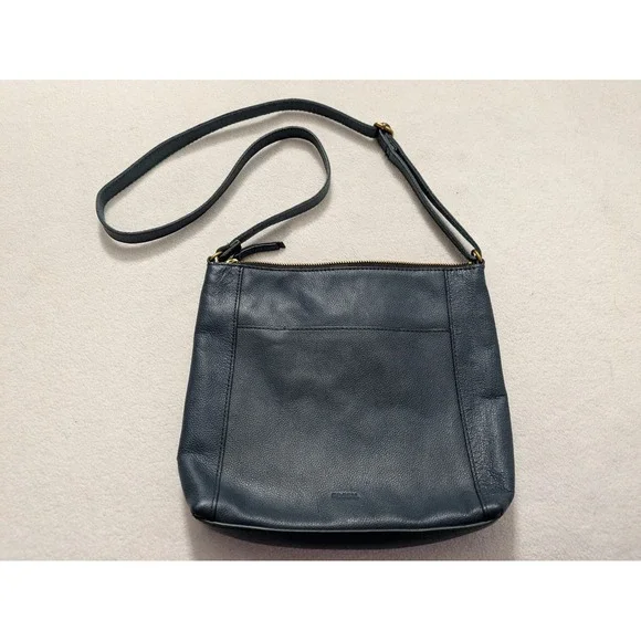 Fossil Navy Blue Leather Purse  Crossbody- Gold Toned Hardware-Square