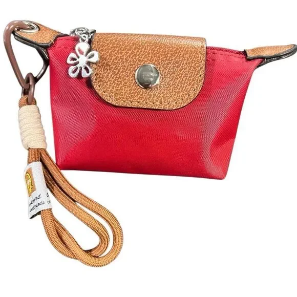 Mini purse charm Red Tan Leather Coin Wallet Nylon Zipper Wristlet Loop flower