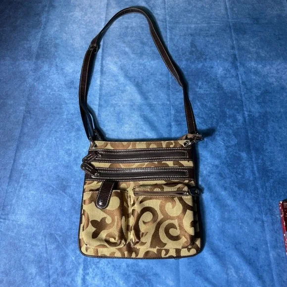 Y2K Brown Tan Swirl Crossbody Shoulder Bag Multi Pocket Organizer Purse