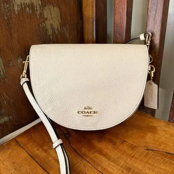 Coach Pebbled Leather Half Moon Saddle Crossbody Bag Chalk Cream Gold Hardware