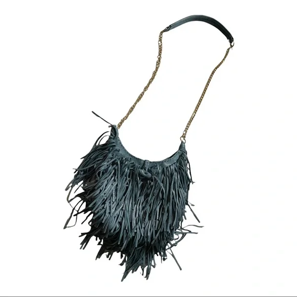 Fringed Leather Crossbody Bag in Dark Teal with Chain Strap