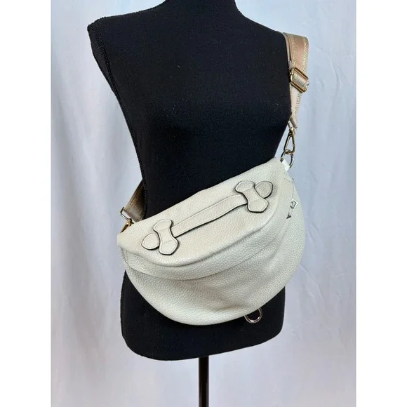 Cream Pebbled Faux Leather Crescent Sling Bag Crossbody Belt Bag Gold Hardware
