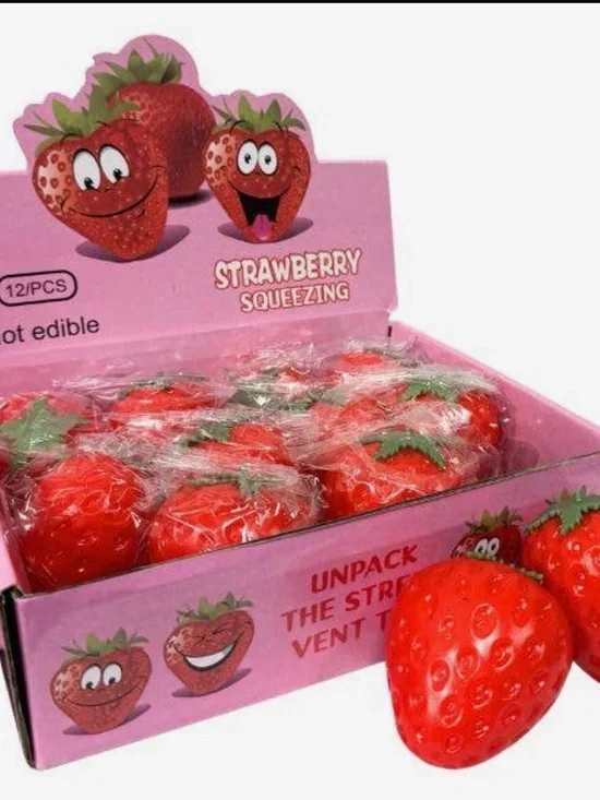 Strawberry Squeezing Stress Toy - Red with Green Leaf Detail 12 pieces full box