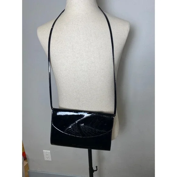 Jasmin Black Patent Leather Genuine Snakeskin Crossbody Bag Clutch Evening Purse