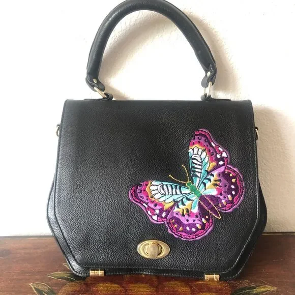 Anuschka Embroidered Leather Flap Turn-Lock Satchel Magical Wings Blk Butterfly