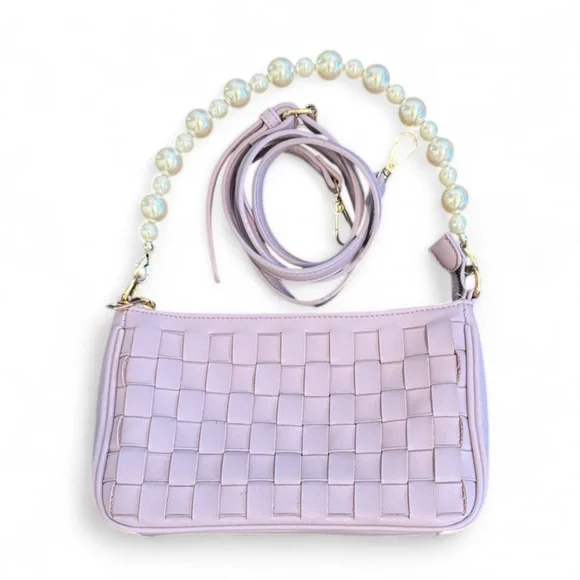WOMENS HANDBAG DETACHABLE PEARL STRAP ADJUSTABLE CROSSBODY PURPLE WOVEN