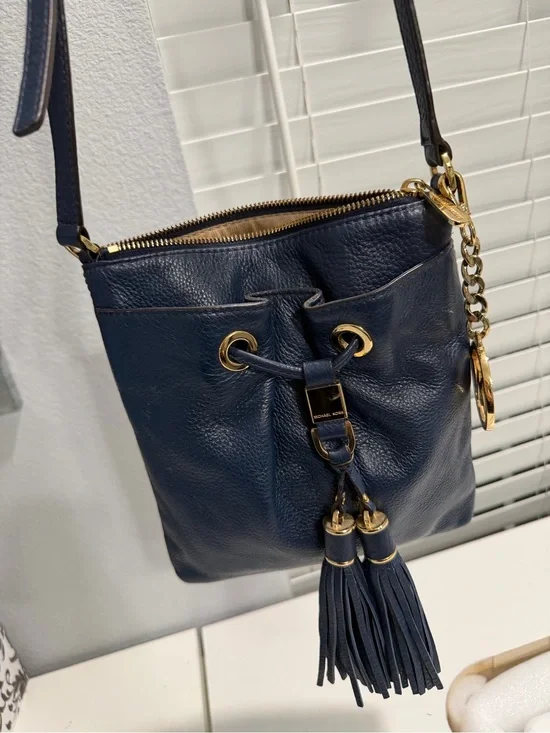 Michael Kors Navy Leather Tassel Drawstring Crossbody