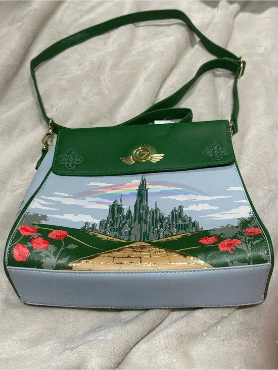 Green Illustrated Crossbody Bag with Gold Emblem