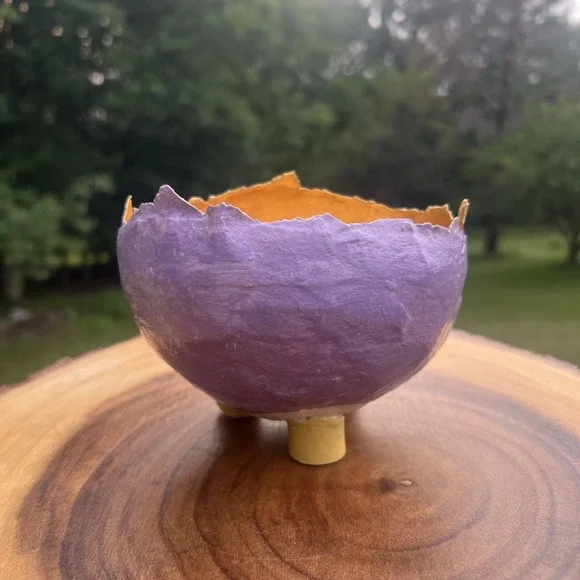Handmade Cracked Egg Bowl Footed Lavender Gold Floral Arrangement Planter