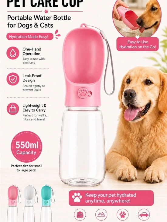 Portable Pink Pet Care Cup - Leak Proof Dog Water Bottle