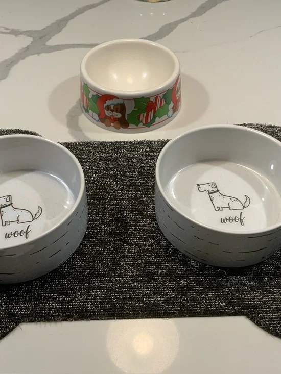 Ceramic Dog Bowl Set - White & Festive Pattern