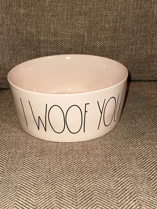 NWT Rae Dunn magenta ceramic white pet/dog 8” large bowl ‘I WOOF YOU’