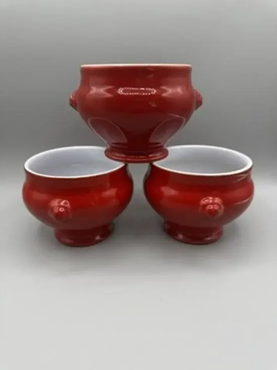 Set 3 Emile Henry Red White Lion Head Soup Stoneware 6600