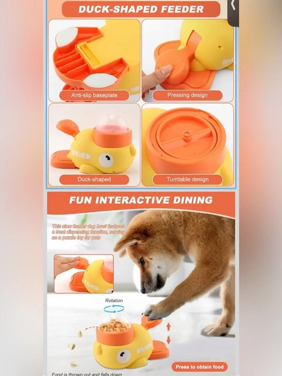 Interactive Duck Slow Feeder Dog Bowl - Yellow & Orange