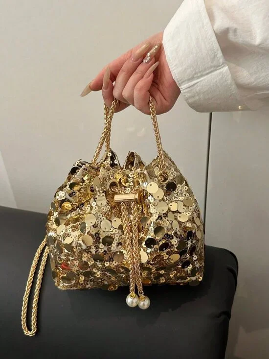 Gold Glamorous Women's Sequin Faux Pearl Decor Bucket Shoulder Crossbody  Bag