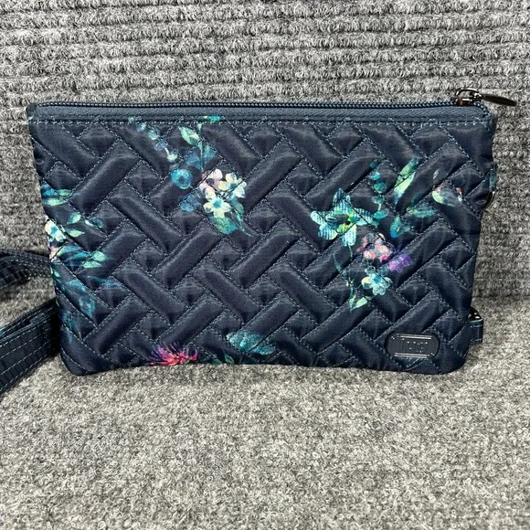 Lug‎ Peekaboo Convertible Crossbody Bag Blue Floral Zip Pockets Quilted RFID
