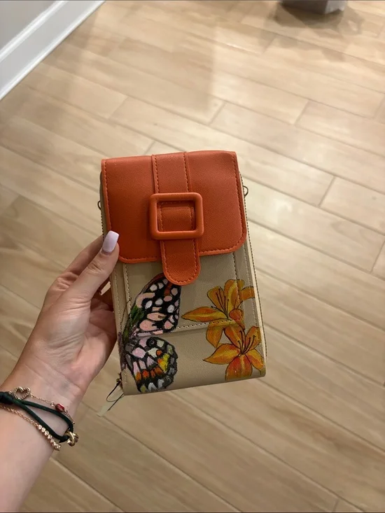 Beige Crossbody Phone Bag with Orange Flap and Butterfly Floral Print