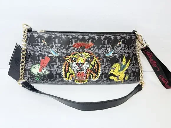 Ed Hardy Black Striking Tiger Tattoo Art With Rhinestones Shoulder Bag w/Charms