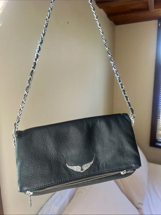 Zadig & Voltaire Black Pebbled Leather Crossbody with Silver Chain