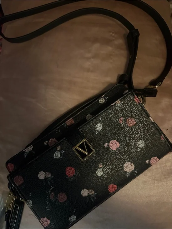 Victoria secret Emblem Floral Crossbody Bag in Black with Pink Rose Print