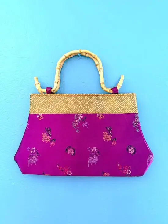 Vintage Y2K Magenta Handbag with Bamboo Handles 90s Asian Satin Evening Purse