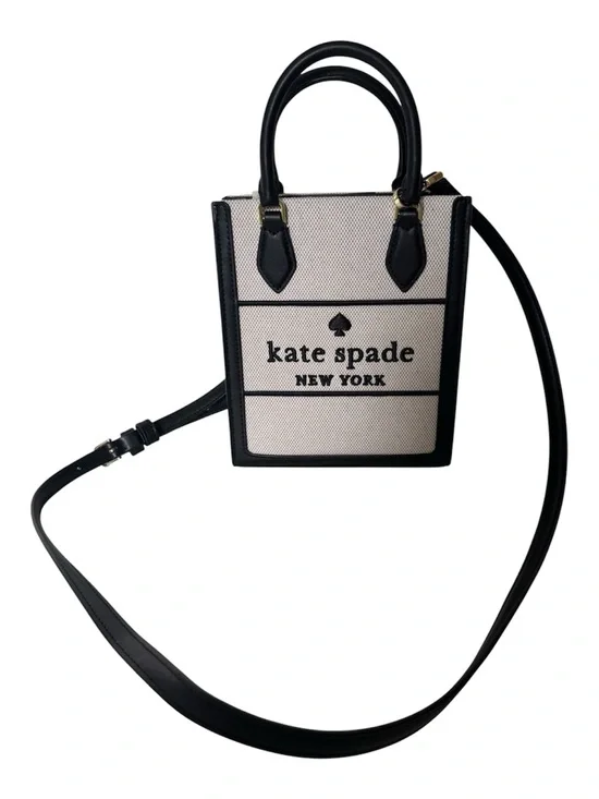 kate spade Ellie Mini Black Leather Cream Structured Canvas Crossbody Tote