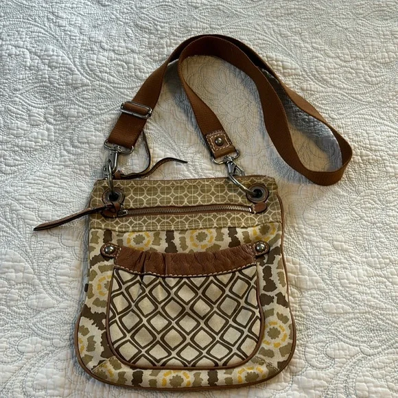 Fossil Cream Tan Brown Geometric Print Canvas Small Crossbody Purse