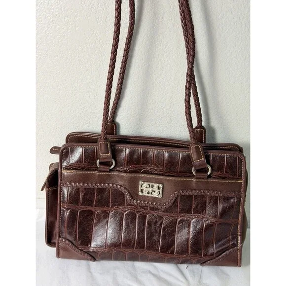 Vintage Bueno Brown Croc Embossed Shoulder Bag Braided Handles Satchel Purse