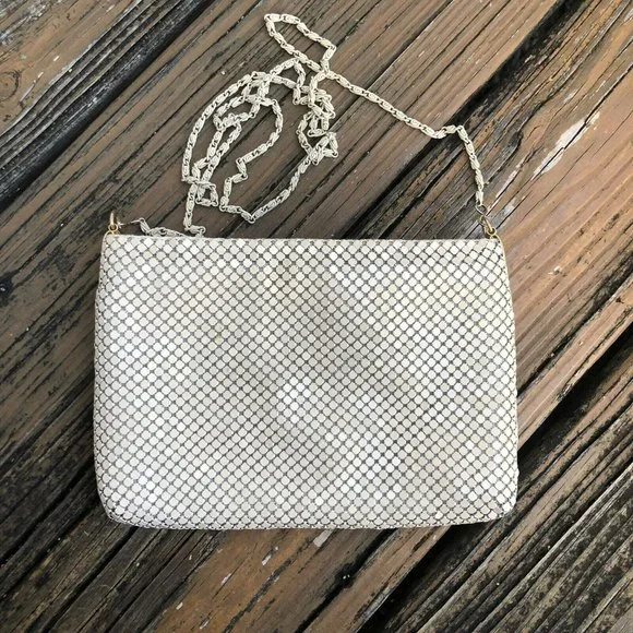 Beige Mesh Purse Clutch Handbag Tan Bag Metal Chain Strap Vintage 70s 80s Disco